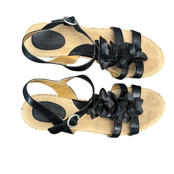 Bjorndal Liora Black Leather Strappy Flower Cork Wedge Comfort Sandal Women 9 - Picture 6 of 10